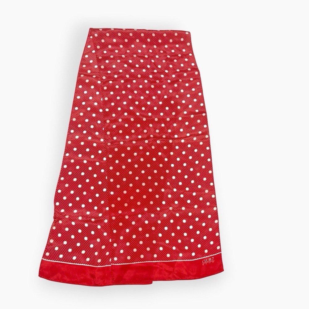 Club 7 Echo Red Silk Scarf White‎ Polka Dot Oblong Long 10x51"